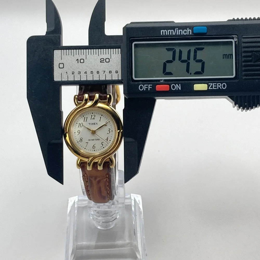 Vintage Timex Women's Watch 25mm Gold Tone Leather New Battery SMALL 7.5